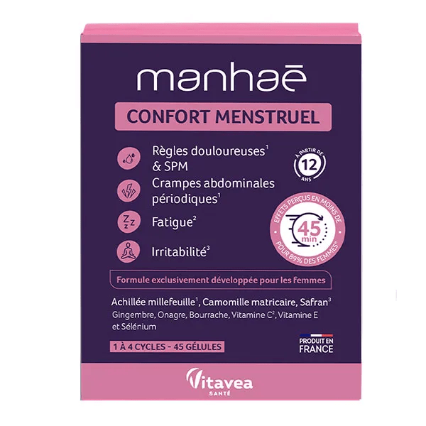 Manhaé Confort Menstruel Règles douloureuses 1 à 4 cycles 45 gélules
