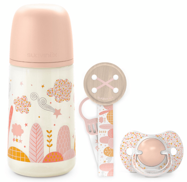 Suavinex Biberón Anticólico 270 ml + Chupete 0-6m + Chupetero Dreams Rosa