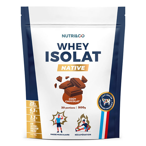 Nutri&Co Protéines Whey Isolat Native 94% en poudre - Goût Chocolat - 900gr