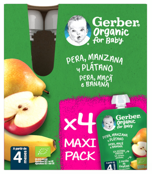 Gerber Organic Pouch Pera Manzana Plátano Multipack +6m 4x90 Gr