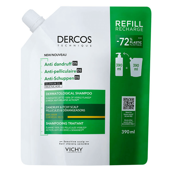 Dercos Shampooing traitant pellicules & démangeaisons cheveux secs en éco-recharge 390ml 4