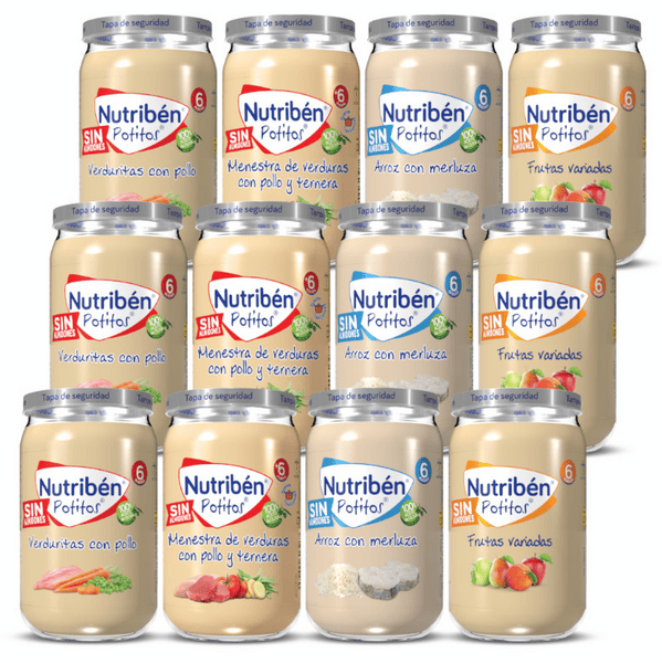 Nutribén Potitos Variados Pollo, Ternera y Pollo, Merluza y Frutas +6m 12 uds