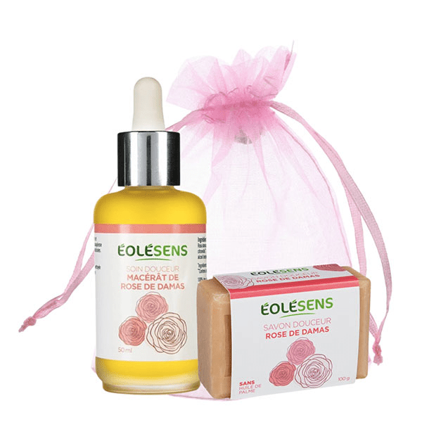 Eolesens Pochon rose de damas : 1 macerat de rose de damas de 50ml** + 1 Savon