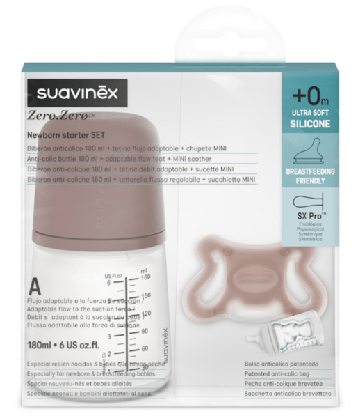 Suavinex  Zero Zero Set Recién Nacido Deep Biberón Flujo Adaptable 180 ml + Chupete +0m