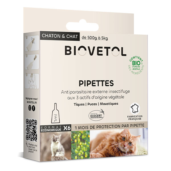 Biovetol - Antiparasitaire - Pipettes Chat/Chaton Bio - 1ml (x6)