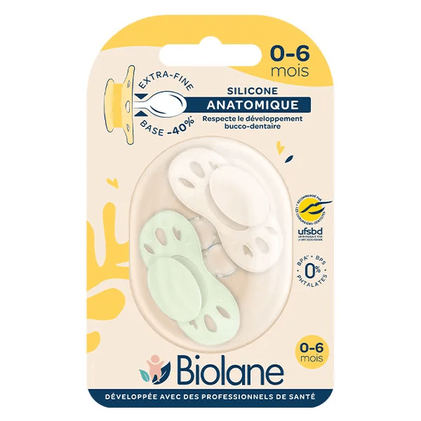 2 Sucettes 0-6 mois  Vert et Beige Base extra-fine et téterelle réversible