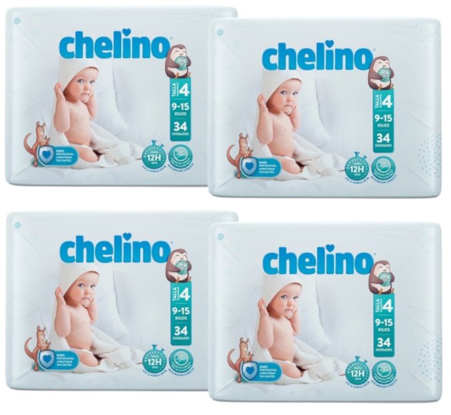 Fraldas Chelino Tamanho 4 (9-15 Kg) 4x34 unidades