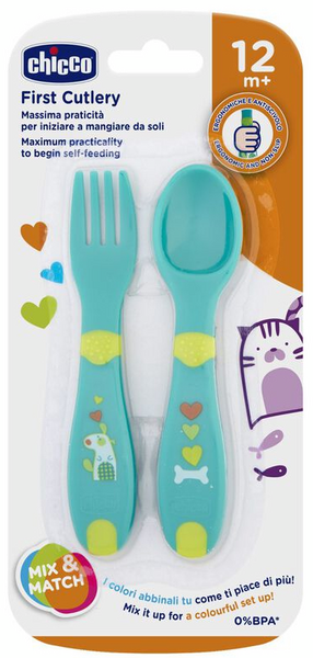 Chicco Set Cubiertos Cuchara Y Tenedor  12m+ Verde