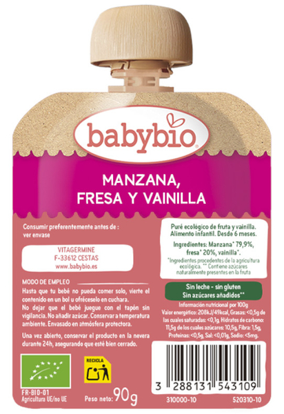 Babybio Pouch Manzana, Fresa Y Vainilla +6m 90 Gr