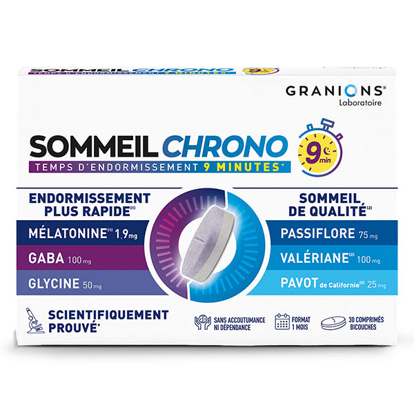 Granions Sommeil Chrono 9min - Mélatonine 1,9 mg, Valériane, Passiflore, Gaba - 30 comprimés 5