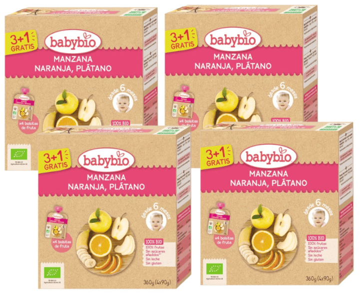 BabyBio Pouche Manzana, Naranja y Plátano Bio 90 gr 4x4 uds