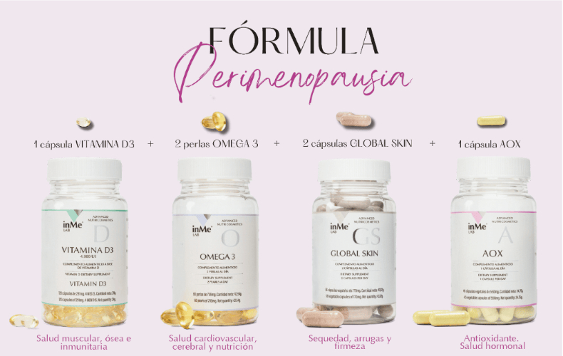 inMe LAB Fórmula Perimenopausia VIT D3 + Omega 3 + Global Skin + Aox