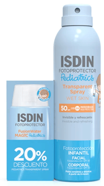 isdin pediatrics fusion water magic spf50 50 ml  wet skin spray spf50 250 ml