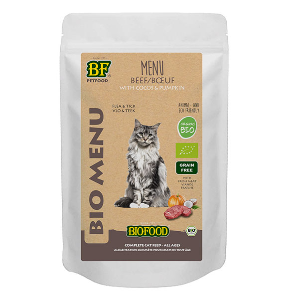 Menu Bio à base de 78% de viande de boeuf BIO pour chat. Sachet de 100g