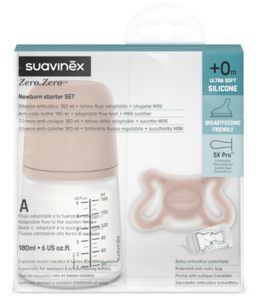 Suavinex ZeroZero Set Recién Nacido Medium Biberón Flujo Adaptable 180 ml + Chupete +0m