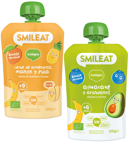 Smileat Pouch Leche de Almendra, Mango y Piña ECO +9m 100 gr + Aguacate y Arándano +6m ECO 100 gr