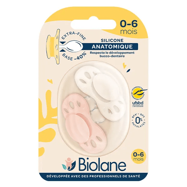 2 Sucettes 0-6 mois Rose et Beige Base extra-fine et téterelle réversible