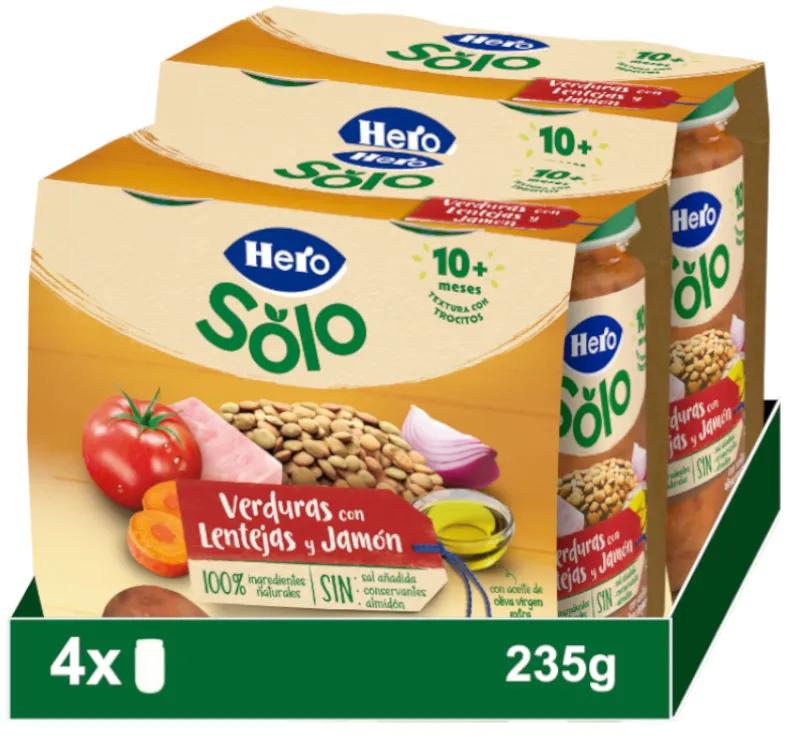 Imagen de Hero Solo Tarrito Verduras con Lentejas y Jamón con Trocitos +10m 4x235 gr
