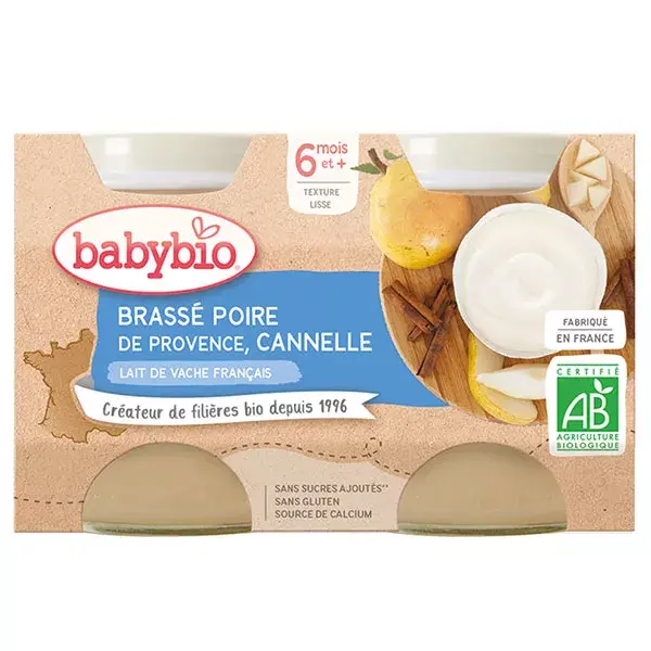 Babybio Desserts Lactés Pot Brassé au Lait de Vache Poire Cannelle +6m Bio Lot de 2 x 130g