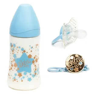 Suavinex Pack Couture Biberon 270ml + Ciuccio 0-4m + Attacca Ciuccio Blu