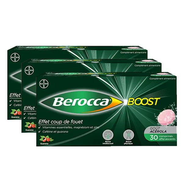 Berocca Boost Magnésium Vitamines Caféine et Guarana 30 comprimés effervescents - Lot de 3 
