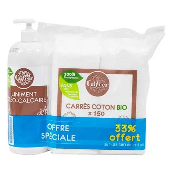 Gifrer Oleo Calcareous Liniment 900ml + Organic Cotton Squares 9x9cm 150 Units