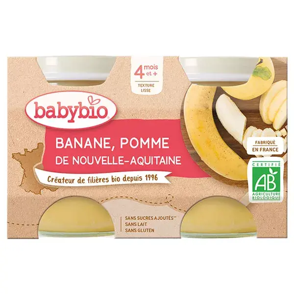 Babybio Fruits Pot Banane Pomme +4m Bio 2 x 130g