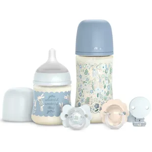 Suavinex Wonderland Set: Slow Flow Baby Bottle + Medium Flow Baby Bottle + 2 Pacifiers (0-6m) + Pacifier Clip (Blue)
