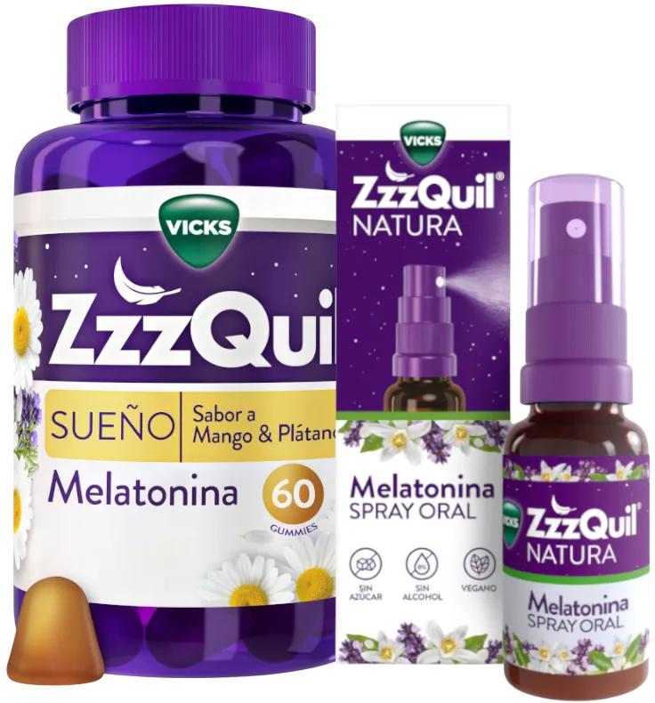 ZzzQuil Natura Melatonin 1 mg Mango und Banane 60 Gummibonbons + Spray 30 ml