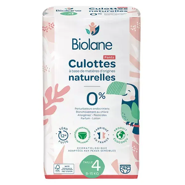 Biolane - Couches Culottes Naturelles Taille 4 - 12H - Zéro fuite - 42 unités