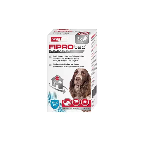 Beaphar FIPROTEC COMBO 134mg/120,6mg, solución temporal para perros medianos (10-20 kg) de Fipronil/(S)-Antipulgas y Antigarrapatas - 1,34 ml x 3 pipetas
