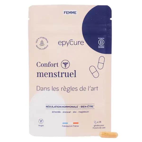 Epycure Femme Confort Menstruel 14 gélules pour réduire les inconforts menstruels, tant au niveau de la douleur que de l'humeur.