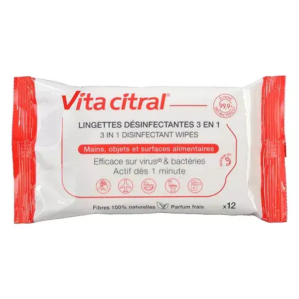 Vitacitral Lingette Désinfectante 3 en 1 12 unités
