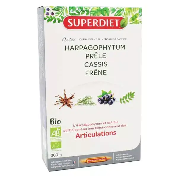 Superdiet Quatuor Articulations Bio Prêle Frêne Cassis Harpagophytum 20 ampoules