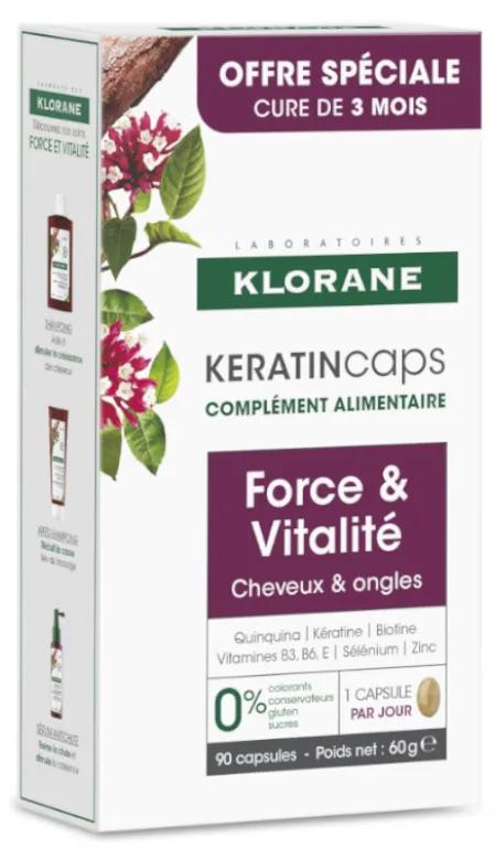 Kératine traitement cheveux et ongles Klorane 3 x 30 gélules triple (ancien Quinoral)