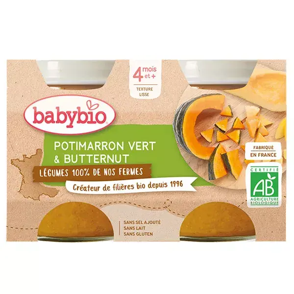 Babybio Légumes Pot Potimarron Vert Butternut +4m Bio 2 x 130g
