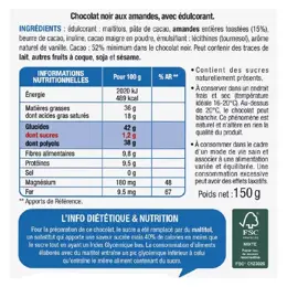 Karéléa Chocolat Sans Sucres Ajoutés Tablette Chocolat Noir Amandes 150g