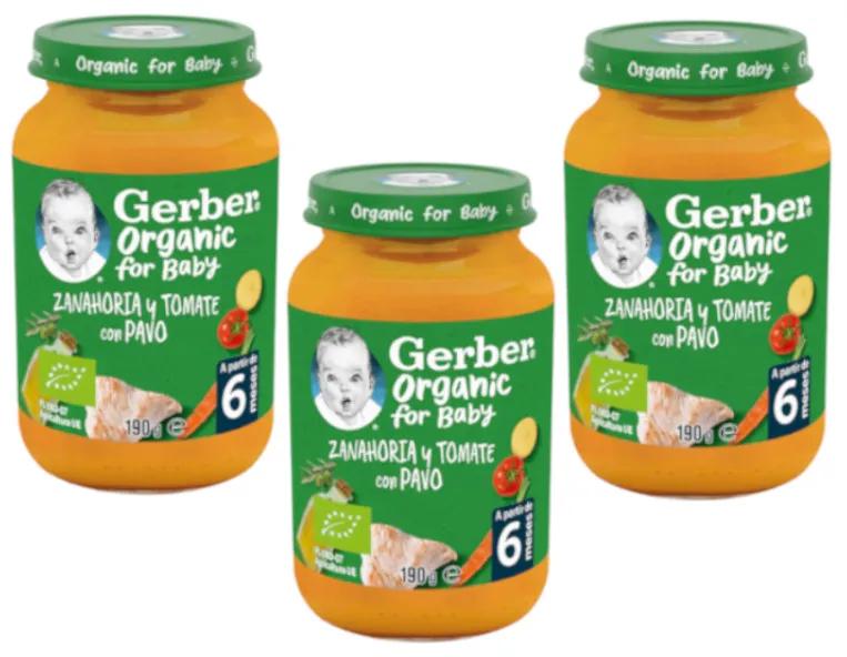 Gerber Bio Pot Carotte, Tomate et Dinde +6 mois 3x190 gr