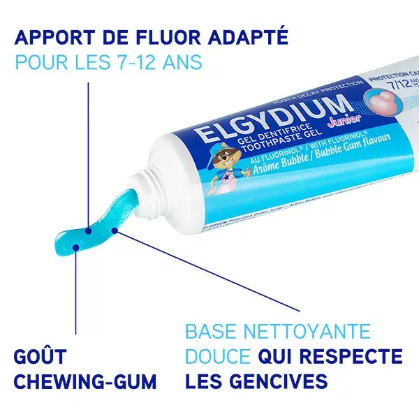 Elgydium Bébé & Enfant Protection Caries Dentifrice Junior 7-12 ans Goût Bubble 50ml