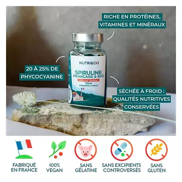 Nutri&Co Spiruline BIO 100% Française Cultivée en Provence 120 comprimés Vegan