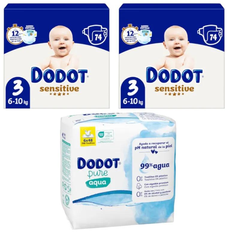 Dodot Sensitive T3 Windeln 2x74 Einheiten + Plastikfreie Tücher 288 Einheiten