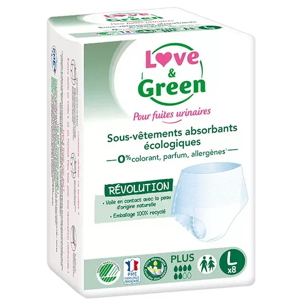 Love & Green Sous-vêtements absorbants adulte hypo et écologiques Plus Taille L x8