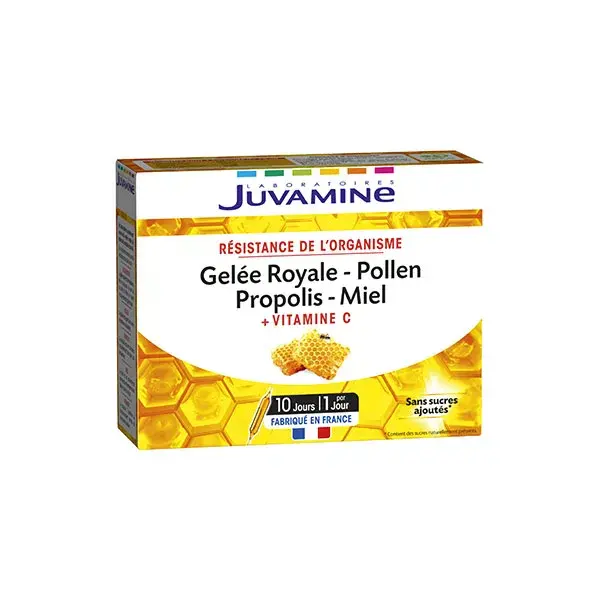 Juvamine Gelée royale, pollen, propolis, miel, vitamine c, 10 ampoules x 10 ml