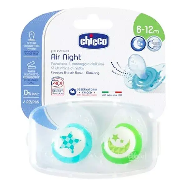 Chicco Physio Forma Air Soother Phosphorescent Silicone +6m Pink Cloud Green Moon Set of 2 + Sterilisation Box