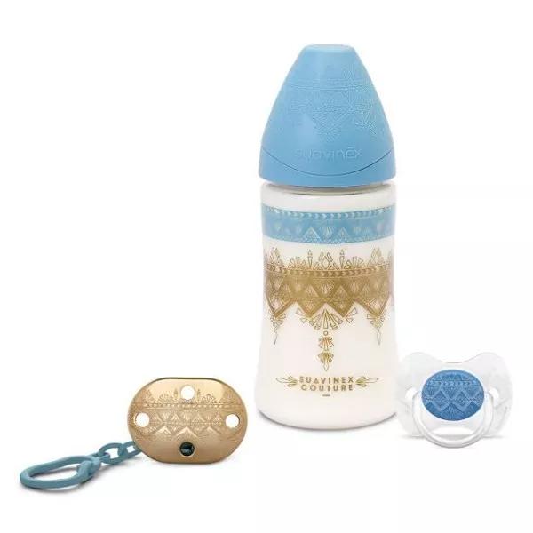 Suavinex Pack Couture Biberon Etnico 270ml + Ciuccio 0-4m + Clip per Ciuccio Blu