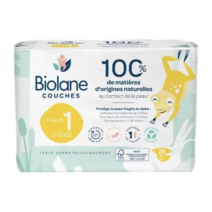 Biolane - Pannolini Naturali Taglia 1 - Ultra-Assorbente, Nessuna Perdita  - 28 unità