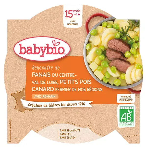 Babybio Repas Midi Assiette Panais Petits Pois Canard +15m Bio 260g