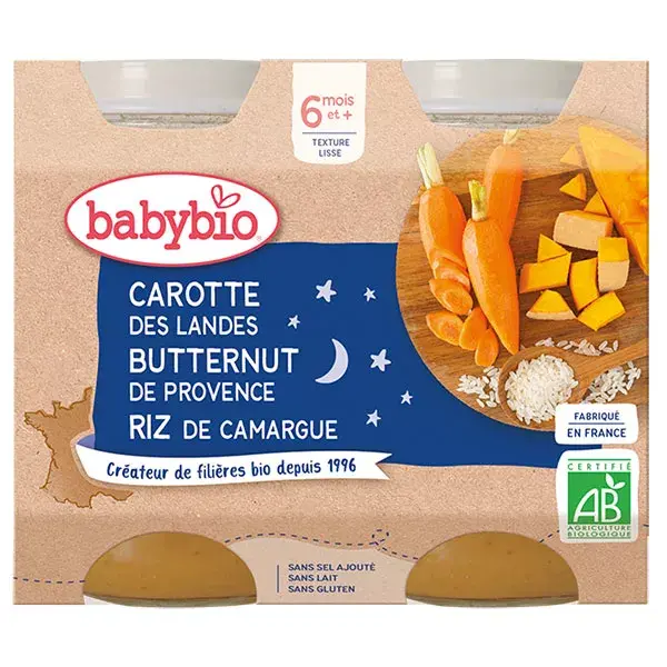 Babybio Bonne Nuit Tarros con Zanahoria, Calabaza y Arroz a partir de 6 meses 2 x 200g