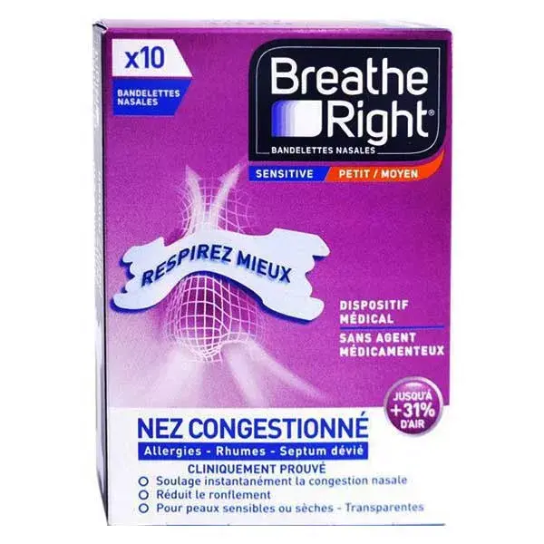Breathe Right Bandelettes Nasales Sensitive Moyen Nez Congestionné 10 unités