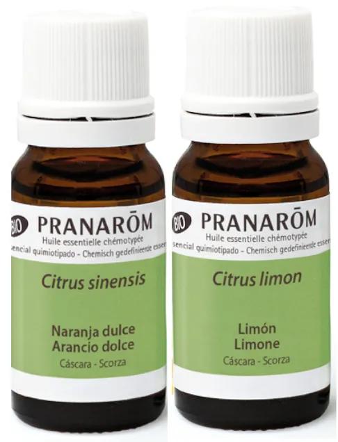 Huile essentielle d&#39;écorce d&#39;orange douce bio Pranarom 10 ml + Huile essentielle d&#39;écorce de citron bio 10 ml
